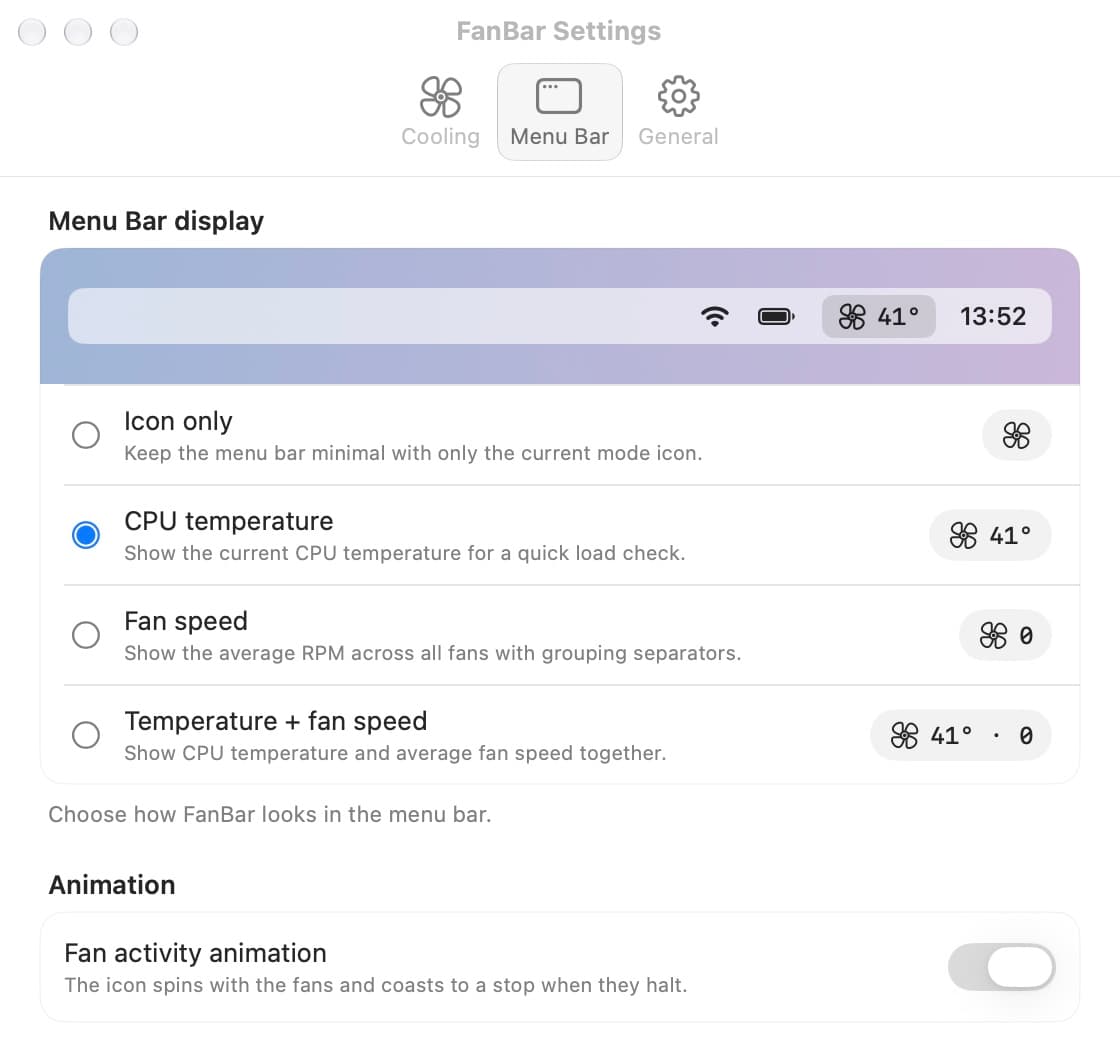 FanBar menu bar display settings